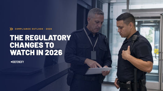 Two uniformed security guards reviewing a compliance document, with the headline The Regulatory Changes to Watch in 2026