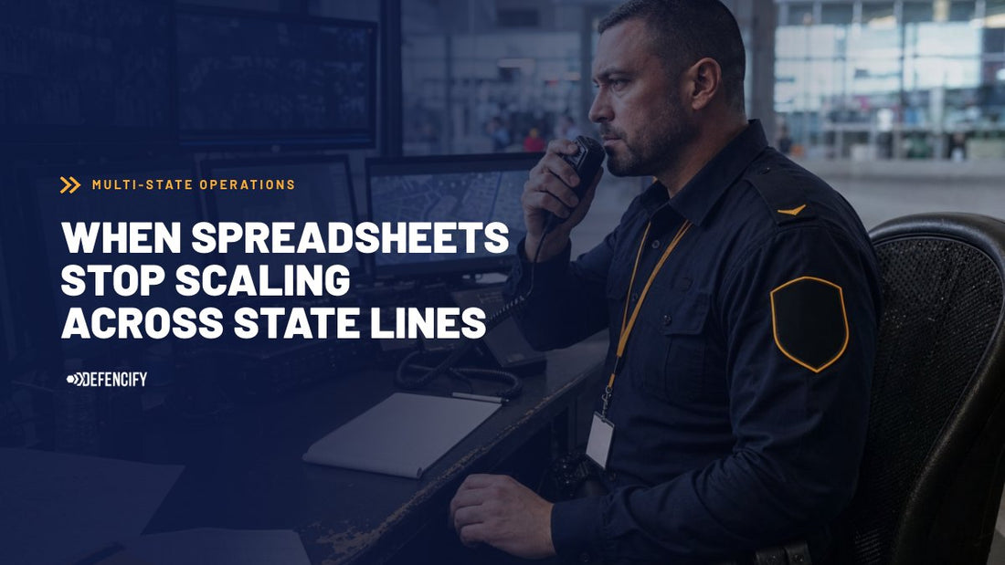 A security guard monitoring a control room with the headline When Spreadsheets Stop Scaling Across State Lines