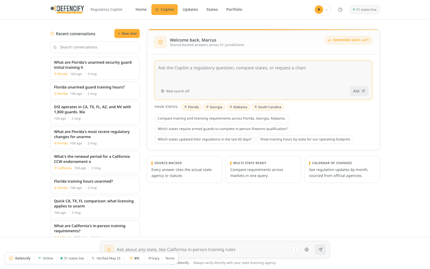 Defencify Regulatory Intelligence chat with saved conversation history