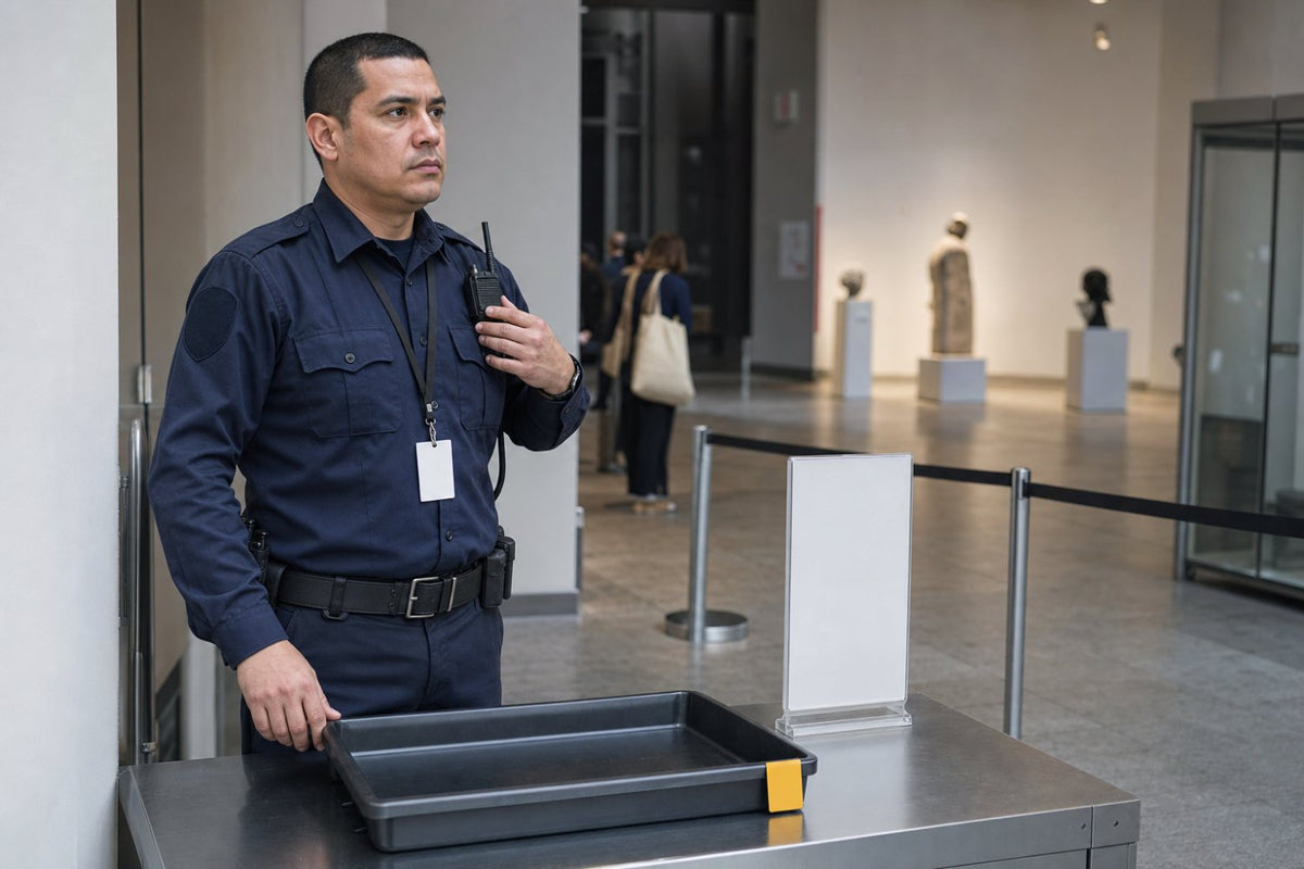 Security officer checking a visitor's bag at a building entrance.