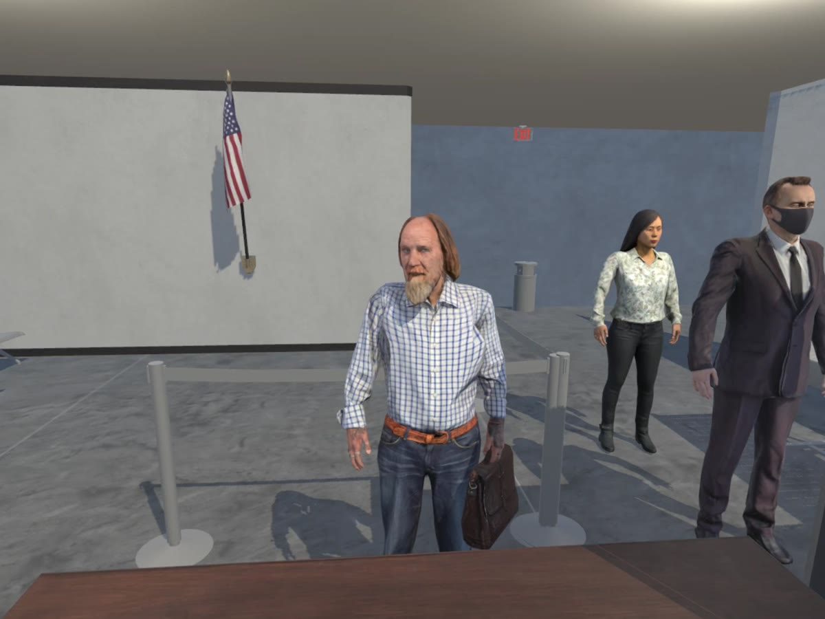 Inside the headset: an agitated visitor at a federal building security checkpoint.