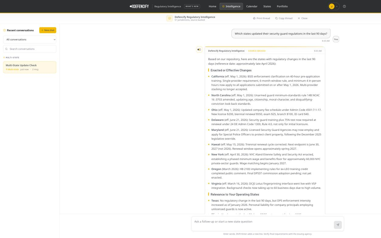Defencify Regulatory Intelligence chat with saved conversation history