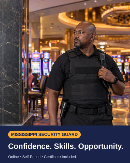 A man in a black tactical uniform stands in a casino interior holding a radio, with a dark blue banner at the bottom reading 'MISSISSIPPI SECURITY GUARD' and 'Confidence. Skills.