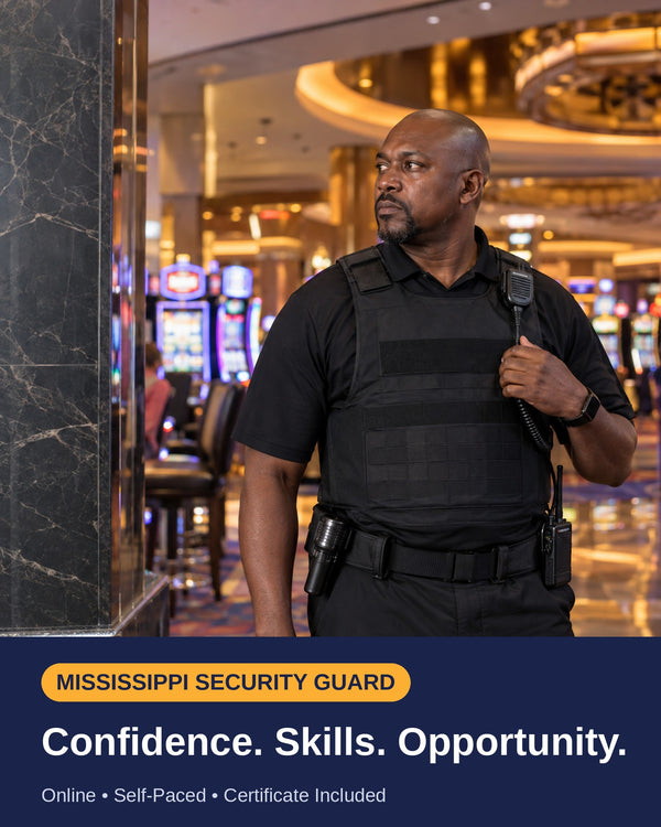 A man in a black tactical uniform stands in a casino interior holding a radio, with a dark blue banner at the bottom reading 'MISSISSIPPI SECURITY GUARD' and 'Confidence. Skills.